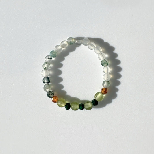 Beaded ring with multicolored beads on a white background